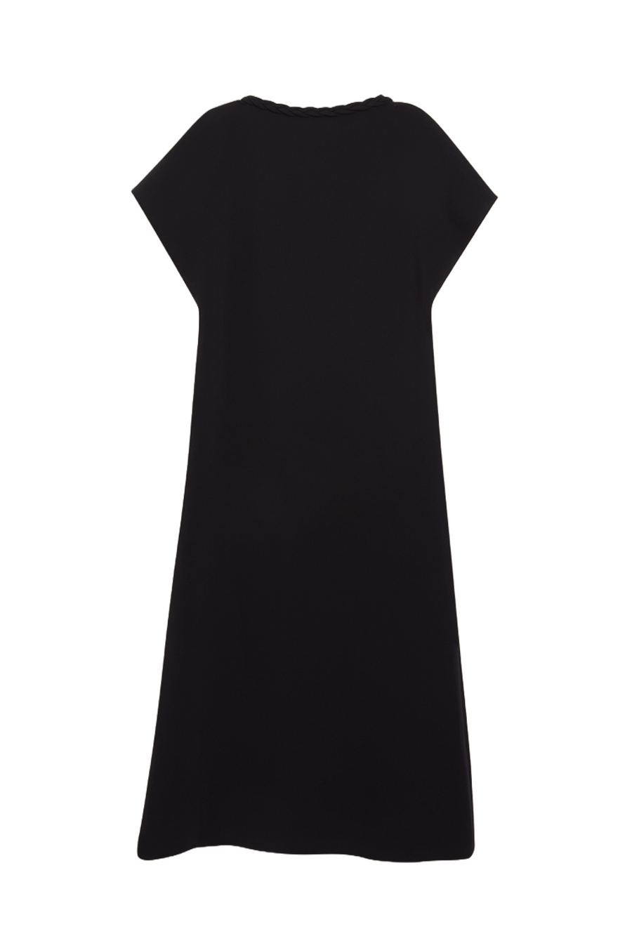 A minimalist black dress with short sleeves and a slightly flared silhouette made from soft, lightweight fabric.