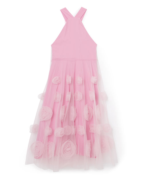 Pink halter dress adorned with delicate sheer rosettes, featuring a tulle overlay for a dreamy, ethereal look.
