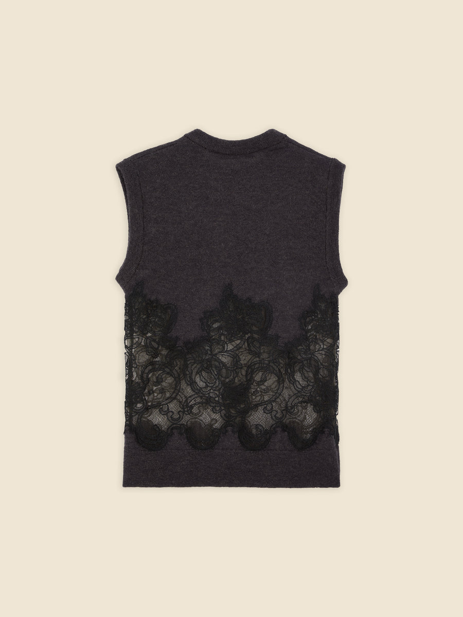 Sleeveless charcoal gray top with intricate black lace floral detailing on the back, showcasing elegant transparency.