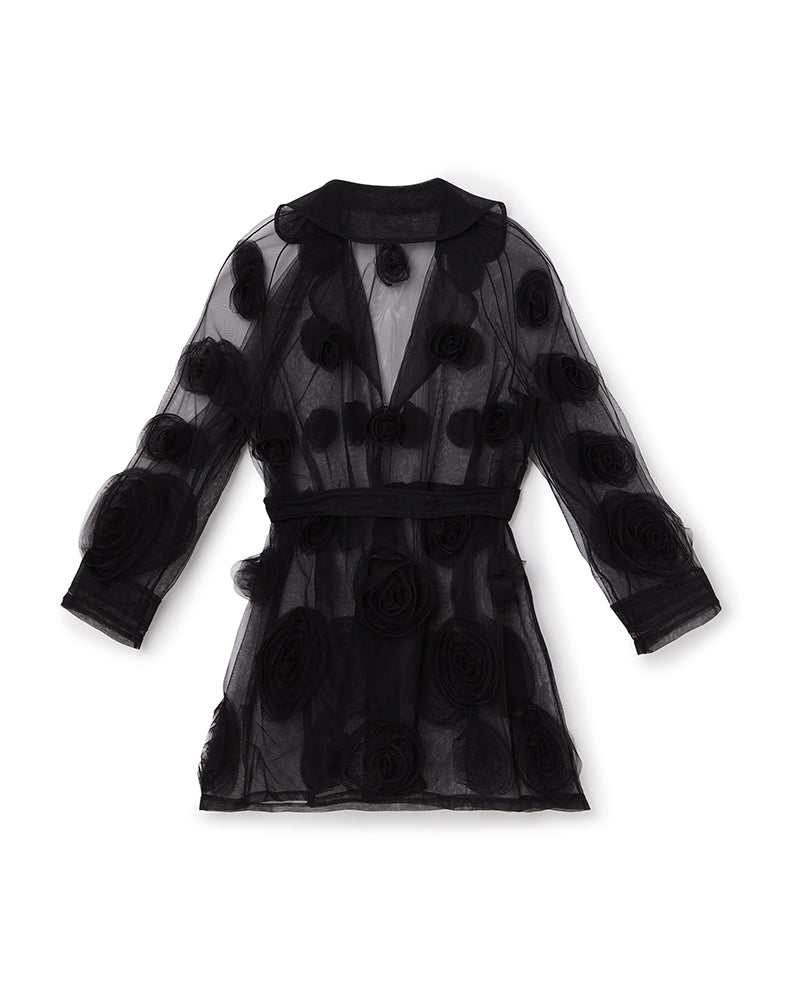 Black sheer organza dress adorned with large, textured rosette patterns, featuring a belted waist and three-quarter sleeves.