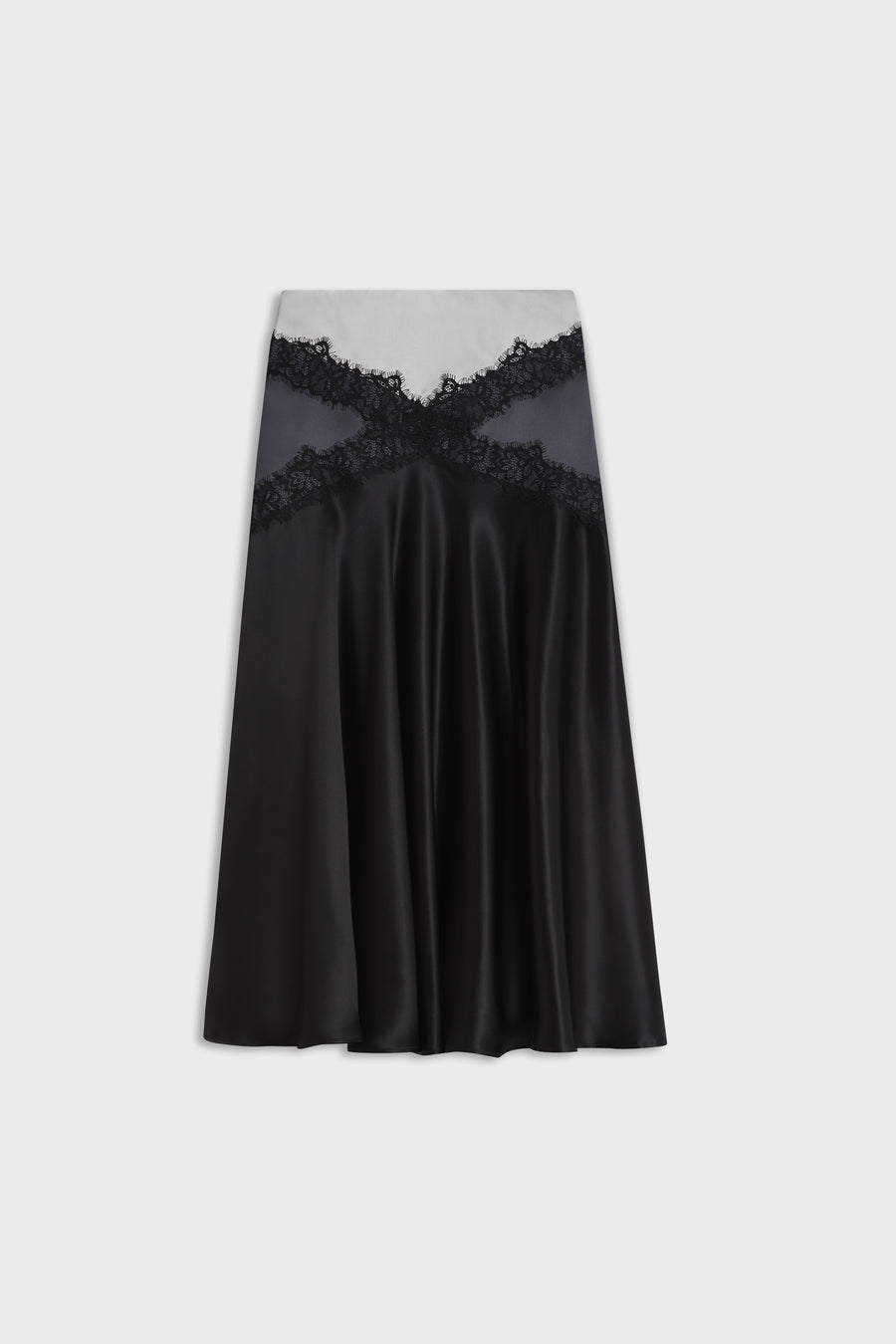 A black satin A-line skirt featuring a sheer dark gray mesh band with black lace trim across the bust, shown against a light gray background.