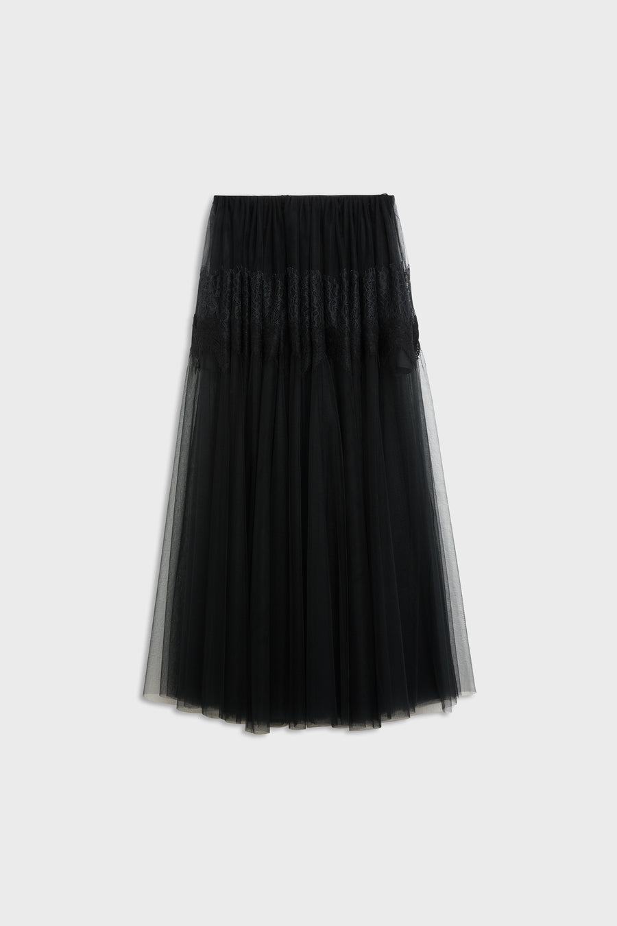 A black pleated tulle midi skirt with a smocked waistband, shown against a plain light gray background.