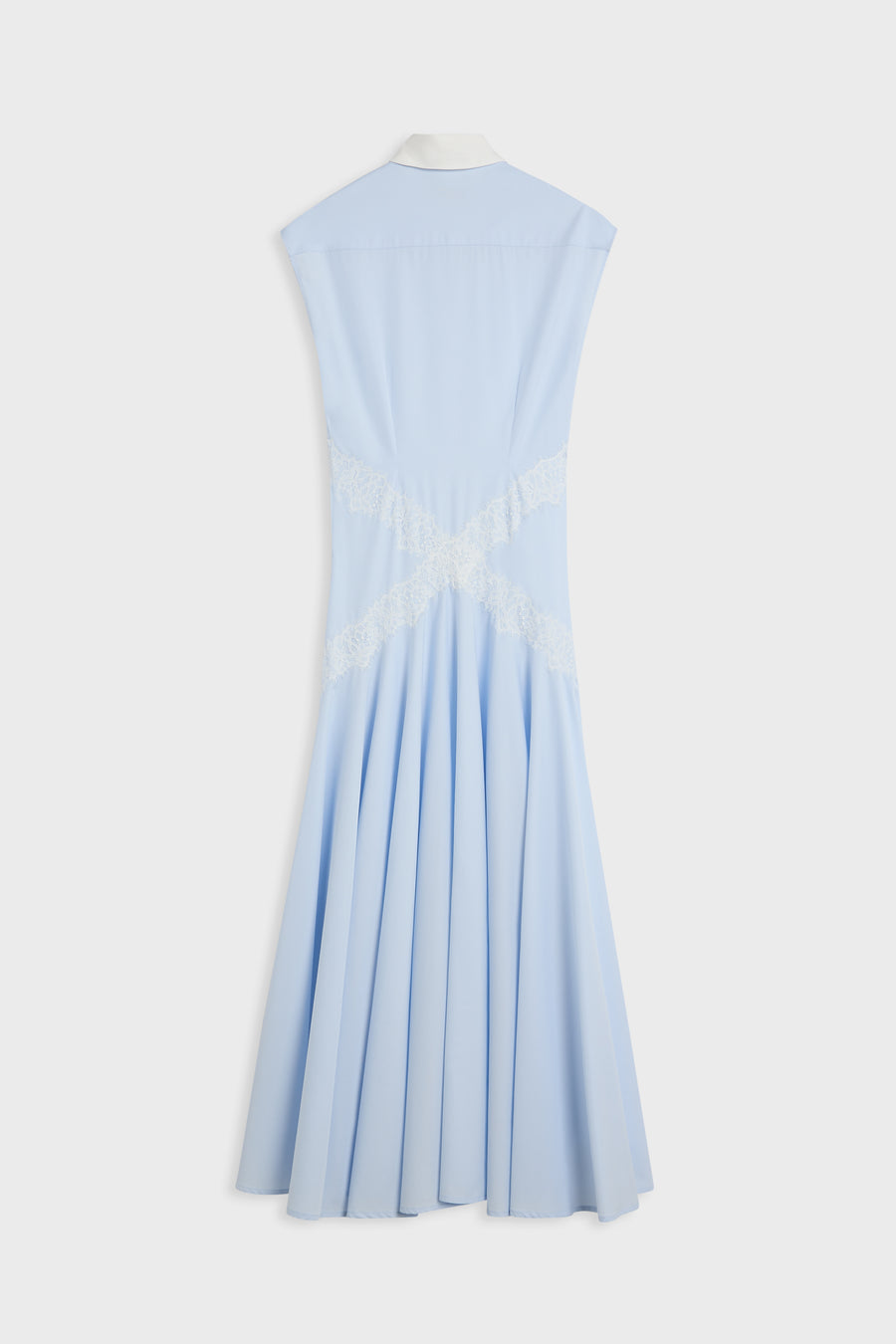 A light blue sleeveless midi dress shown from the back, featuring a high neckline, a pleated skirt, and a white lace criss-cross detail at the back waist.