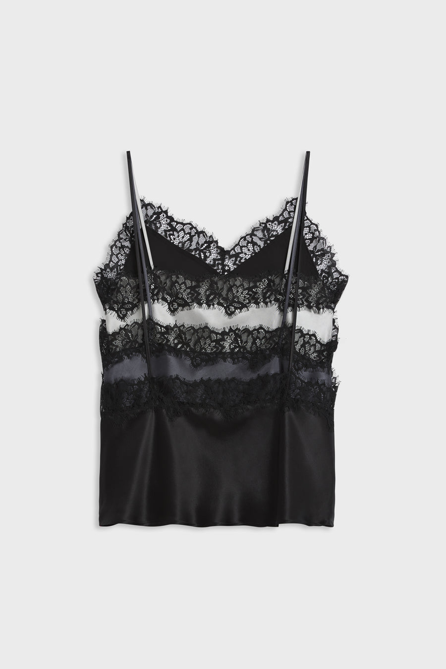 A black lace and satin camisole top with thin straps, displayed flat against a light gray background.