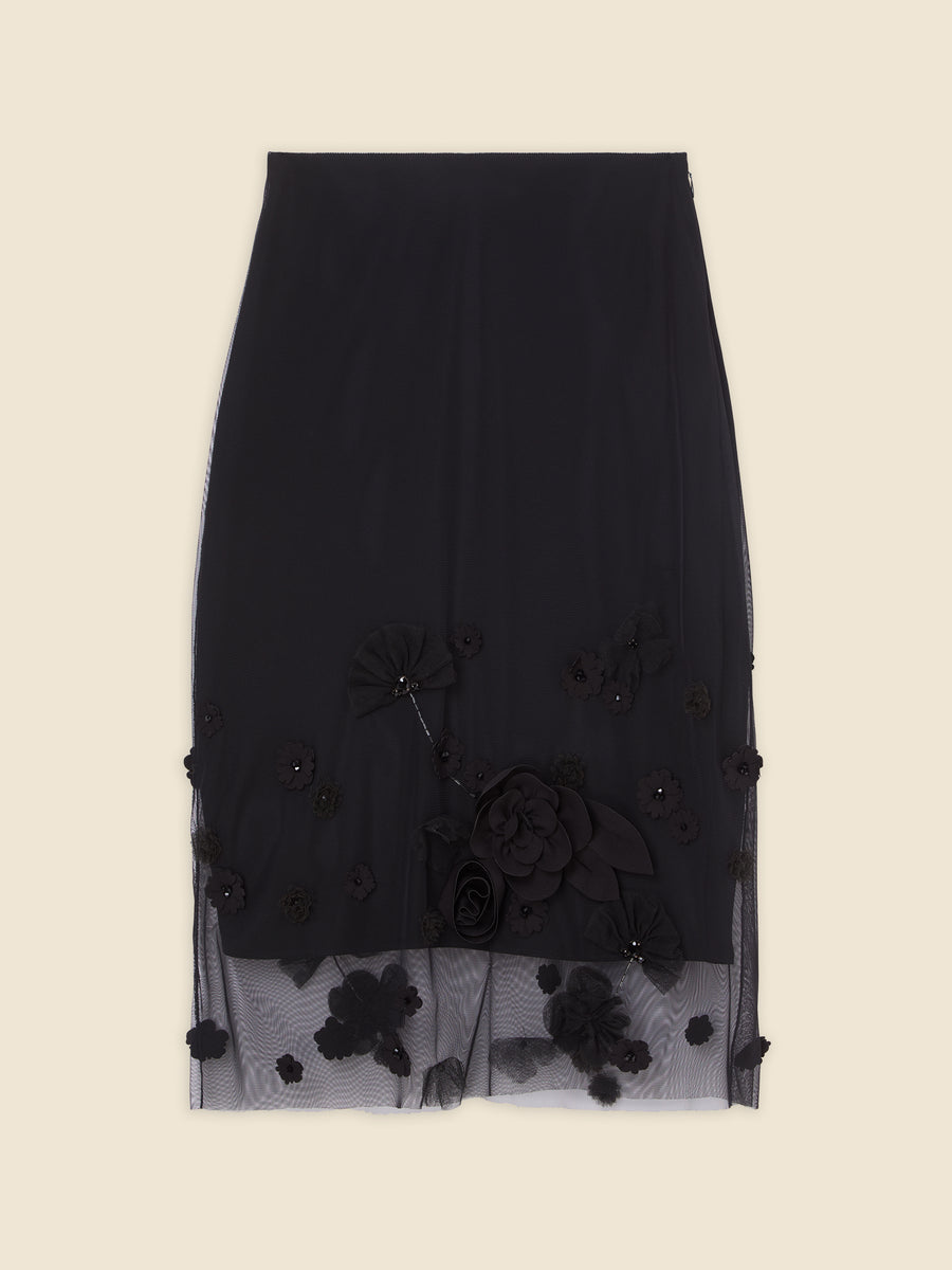 Elegant black mesh skirt adorned with intricate floral appliqués and delicate sequin detailing, offering a sophisticated style.