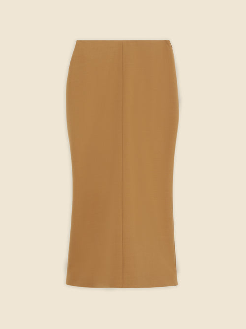 Camel-colored pencil skirt in sleek wool fabric, featuring a tailored fit and minimalist design, perfect for professional settings.