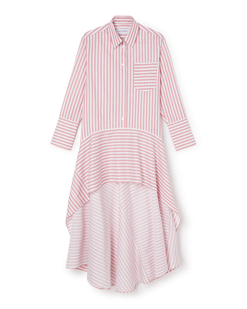 High-low hem shirt dress with pink and white vertical stripes, featuring button-down front and chest pocket for a chic casual look.