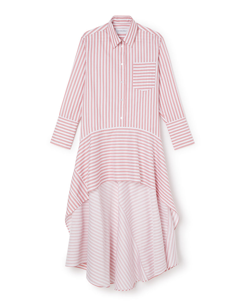 High-low hem shirt dress with pink and white vertical stripes, featuring button-down front and chest pocket for a chic casual look.