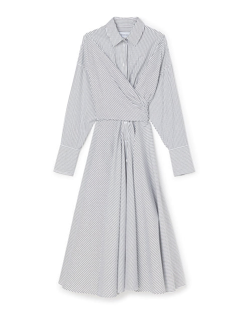 Elegant striped wrap shirt dress with long sleeves and classic collar, featuring a tailored waist design.