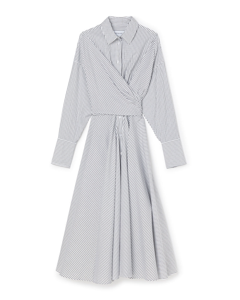 Elegant striped wrap shirt dress with long sleeves and classic collar, featuring a tailored waist design.