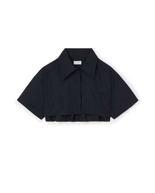 Black cropped shirt with a large collar and short sleeves, featuring a minimalist front pocket design on white background.