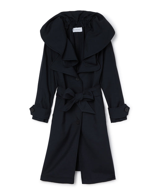 Elegant black trench coat featuring oversized lapels and a wide belt, offering a sophisticated and modern silhouette.