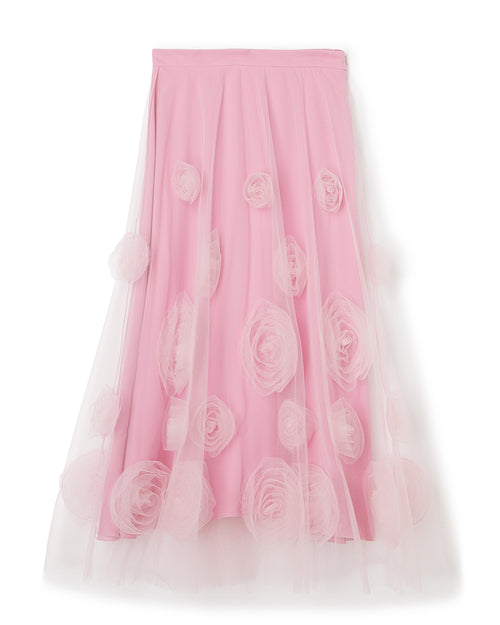 Pink tulle skirt adorned with delicate 3D rosette appliques, featuring a flowing, elegant silhouette perfect for formal events.
