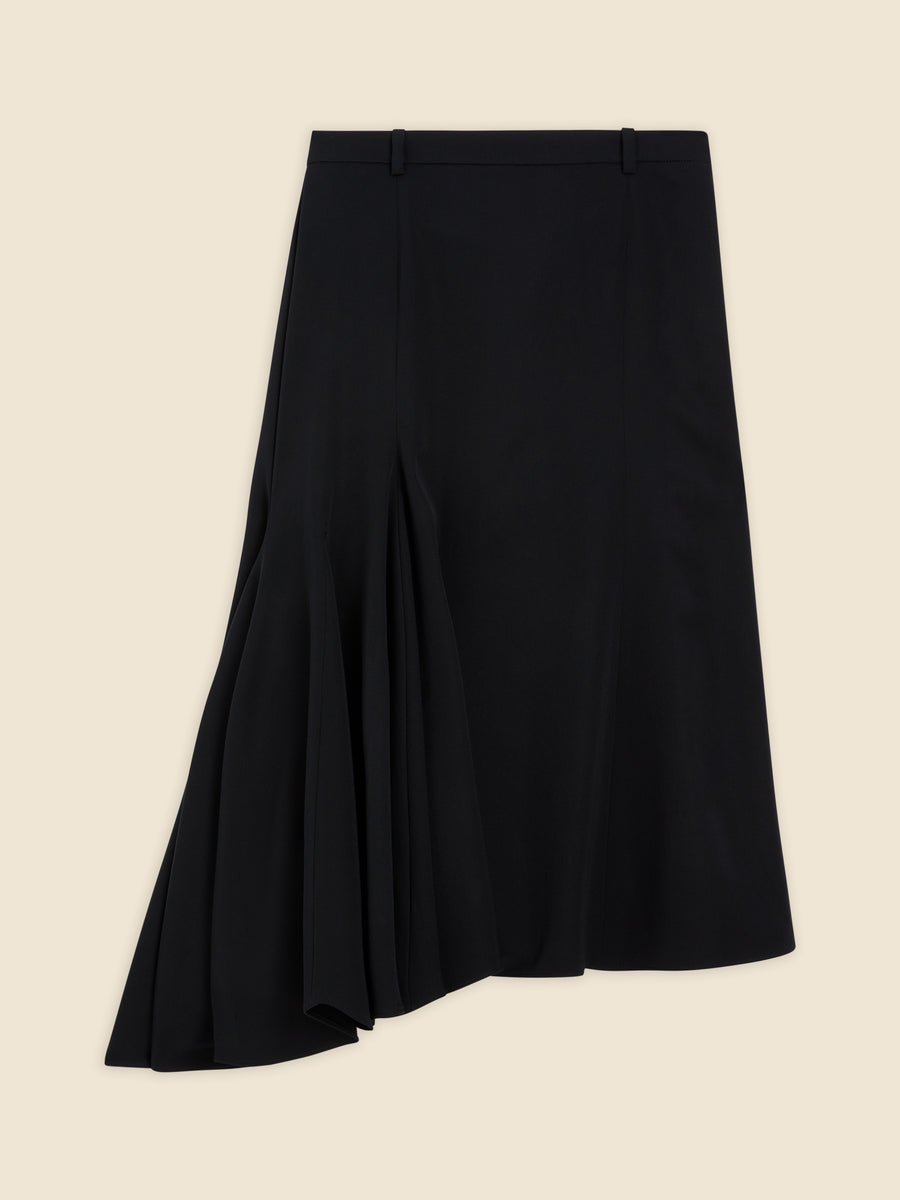 Elegant asymmetrical black skirt with a flowy pleated hem, crafted from smooth fabric and featuring belt loops at the waist.