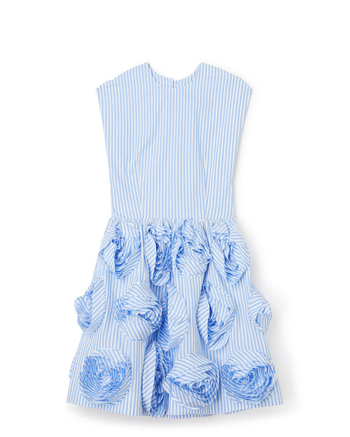Sleeveless blue and white striped dress with intricate 3D floral ruching detail on the skirt, offering a playful, modern flair.