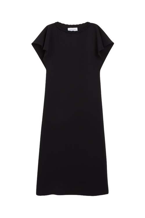 Elegant black dress with ruffled cap sleeves and a subtle braided neckline, made from a soft, flowing fabric for a chic look.