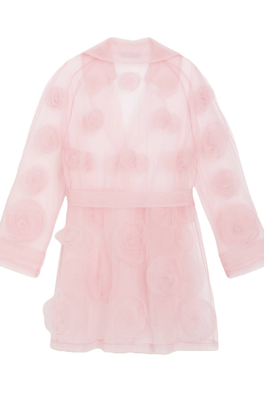Sheer pink organza robe with delicate rose motifs, featuring wide sleeves and a gentle waist tie for a feminine touch.