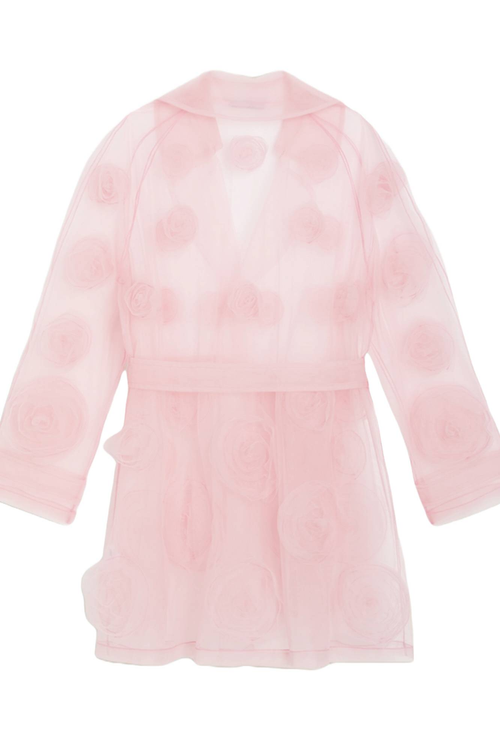Sheer pink organza robe adorned with delicate rose-like appliqués, featuring a loose silhouette and three-quarter sleeves.