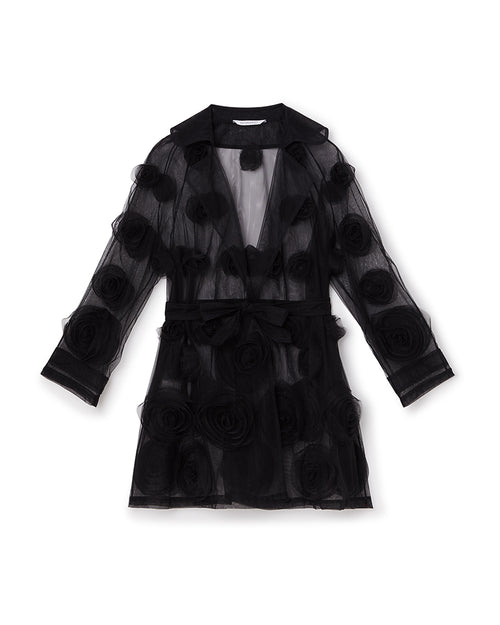 Elegant black tulle jacket adorned with intricate large rose appliqués, featuring a sheer design and a belted waist.