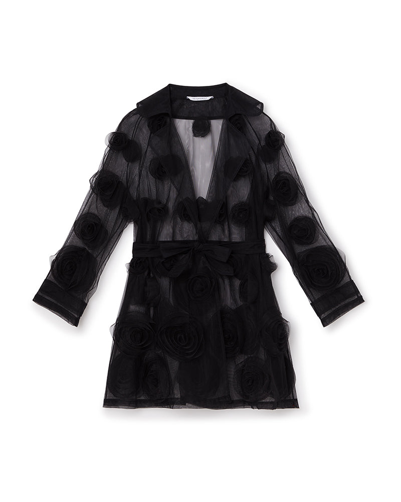 Elegant black tulle jacket adorned with intricate large rose appliqués, featuring a sheer design and a belted waist.