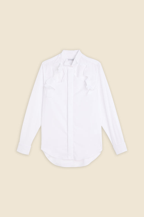 Elegant white button-up shirt with unique ruffle details on the front, designed for formal occasions and sophisticated style.
