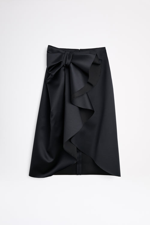A black satin skirt on a white background.