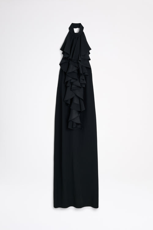 Black ruffled gown on a white background