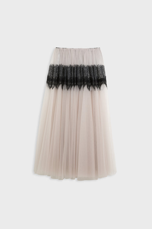 A light beige tulle midi skirt featuring a wide black lace band across the upper portion, displayed against a solid light gray background.