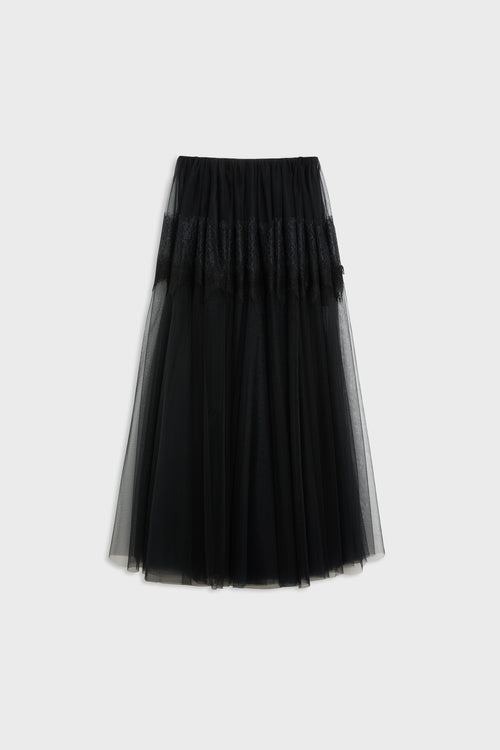 A black pleated tulle midi skirt with a smocked waistband, shown against a plain light gray background.