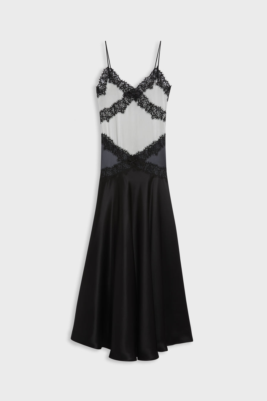A black and white satin slip dress with black lace trim, displayed against a light gray background.