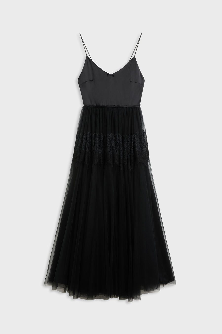 A black spaghetti-strap midi dress with a structured bodice and a layered, tiered tulle skirt, shown against a light gray background.