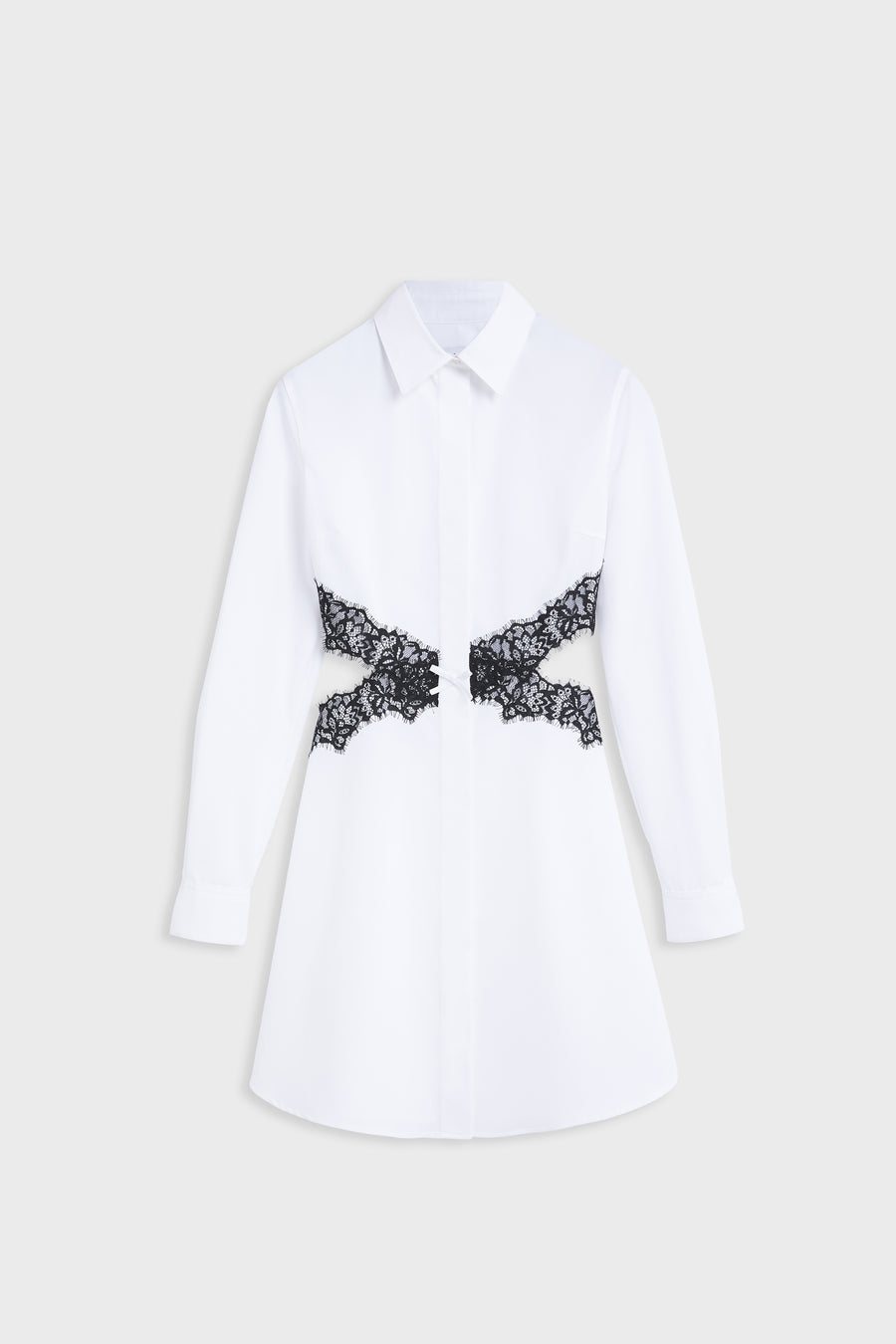 White poplin dress with black lace crossover and cut out.