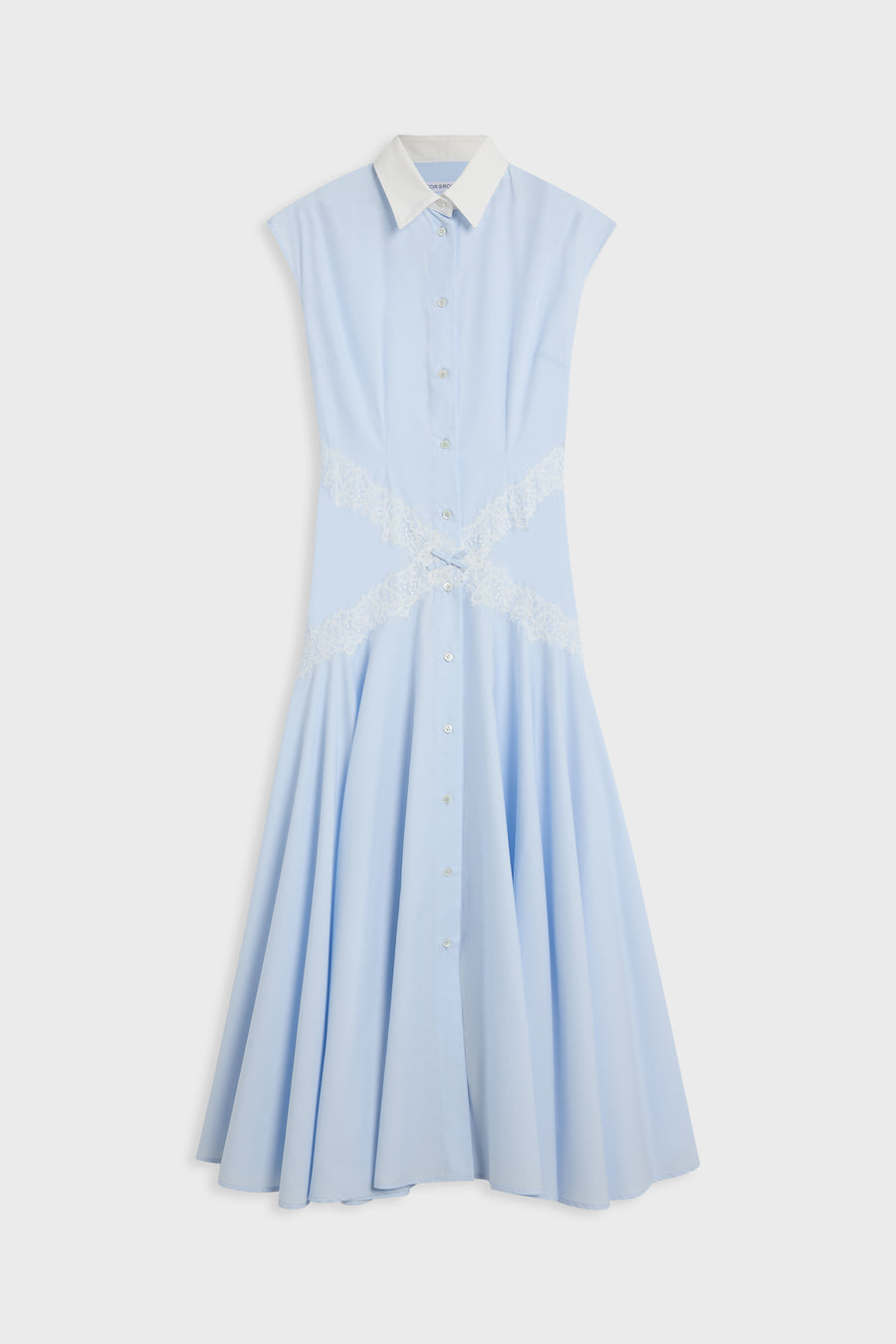 A light blue sleeveless shirt dress with a white pointed collar, button front, and a white lace criss-cross detail at the waist, shown against a light gray background.
