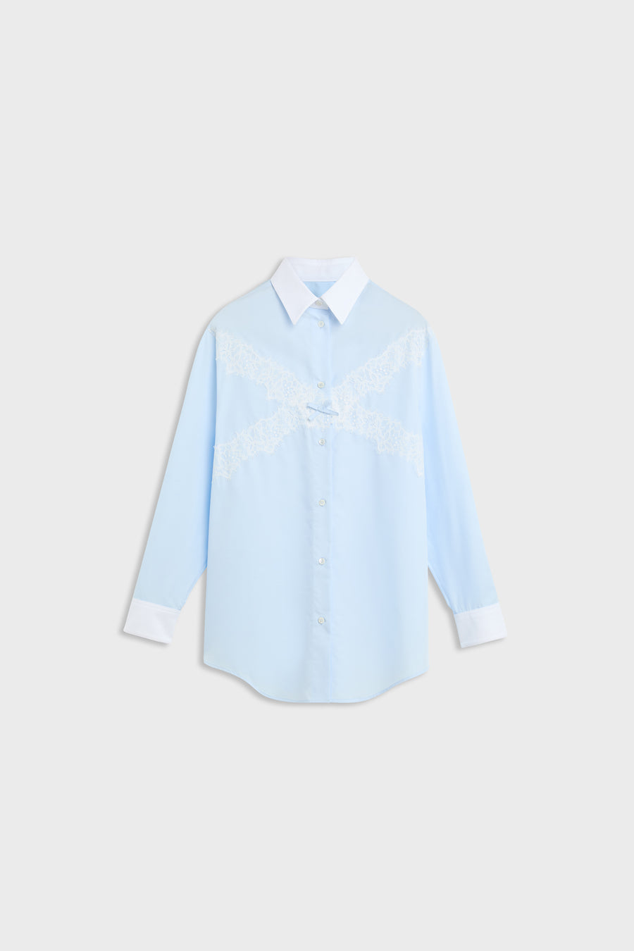 A light blue long-sleeve button-up shirt with a white collar, white cuffs, and white embroidered lettering across the chest, displayed on a light gray background.