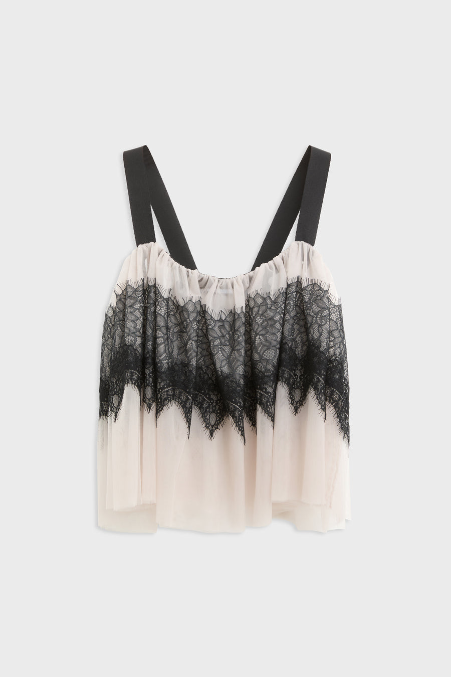 A sleeveless camisole top featuring a black lace panel across the bust and upper skirt, with black shoulder straps and a sheer, flowing skirt in a pale blush pink color, shown against a light gray background.
