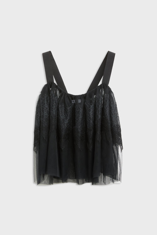 A black lace and tulle camisole top with wide shoulder straps, displayed flat against a light gray background.