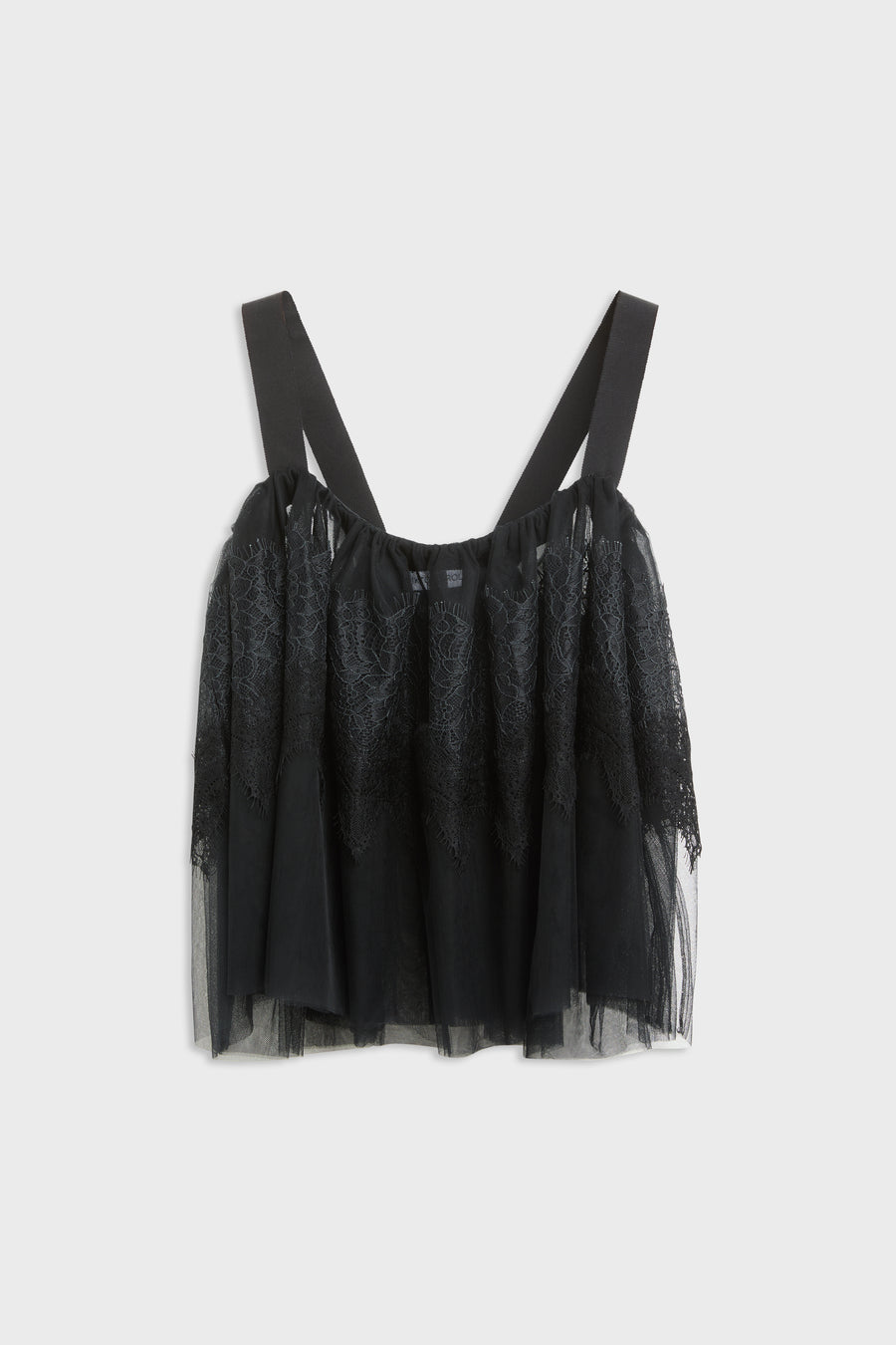 A black lace and tulle camisole top with wide shoulder straps, displayed flat against a light gray background.