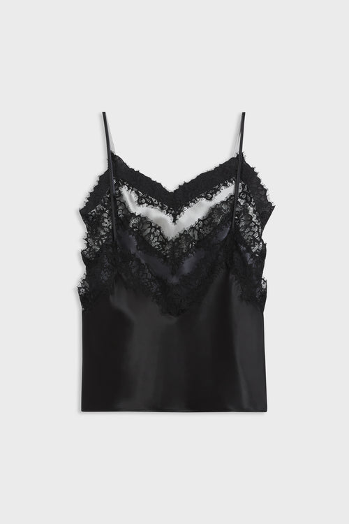 A black satin camisole top with delicate black lace trim along the V-neckline and thin spaghetti straps, displayed flat against a light gray background.