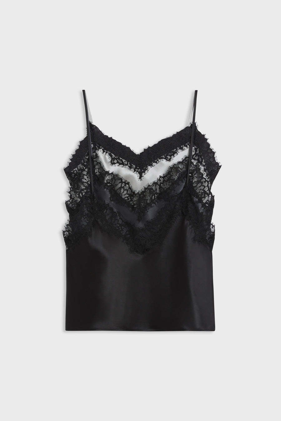 A black satin camisole top with delicate black lace trim along the V-neckline and thin spaghetti straps, displayed flat against a light gray background.