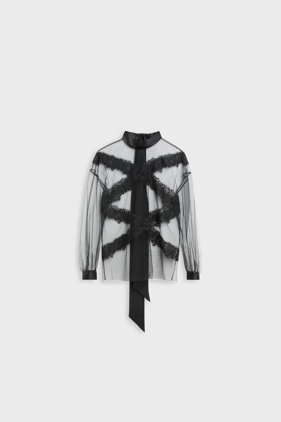 A sheer black mesh long-sleeve blouse with a high collar, featuring a black ribbon tie at the front and textured black lace-like bands across the chest and waist, displayed on a light gray background.
