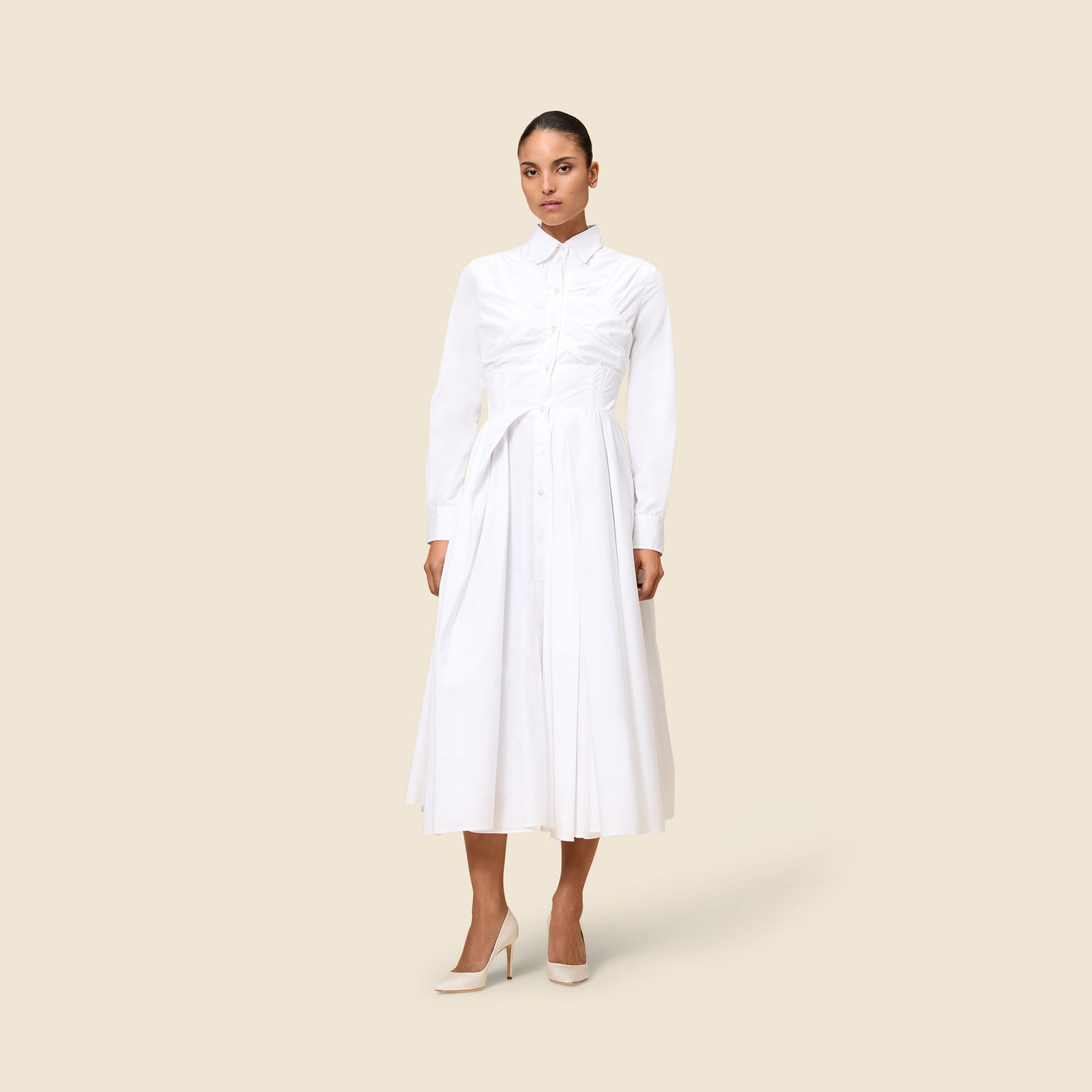 ●depound● pleated dress white DP2378OP001MWHFR Sleek Poplin Pleated Mini Dress | Theory