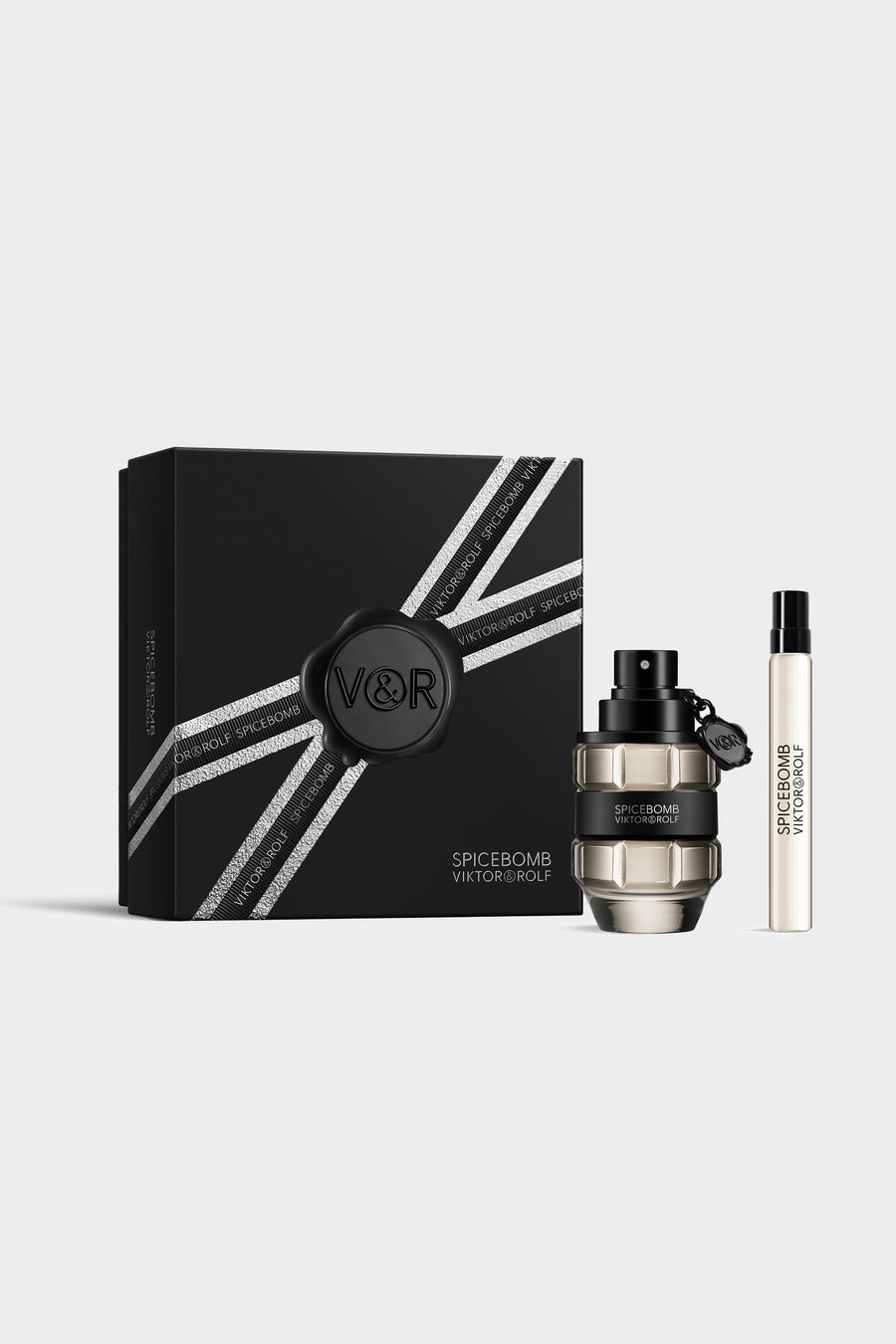 Spicebomb Eau de Toilette gift set for men by Viktor & Rolf, featuring grenade-shaped bottles with a bold black and silver design.