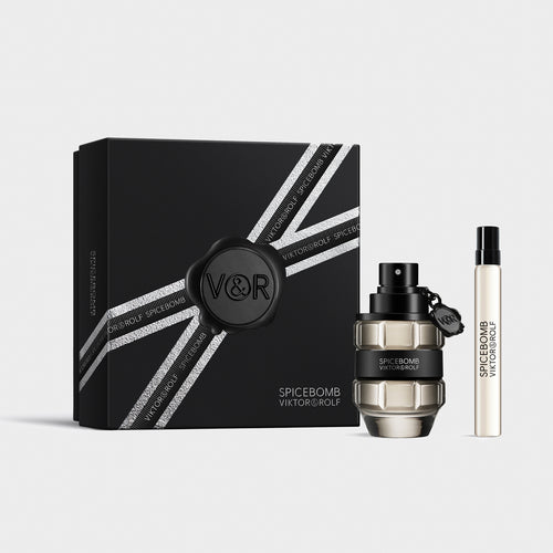 Spicebomb Eau de Toilette gift set for men by Viktor & Rolf, featuring grenade-shaped bottles with a bold black and silver design.