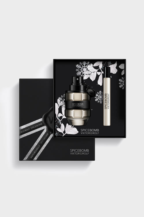 Spicebomb Eau de Toilette gift set for men by Viktor & Rolf, featuring grenade-shaped bottles with a bold black and silver design.