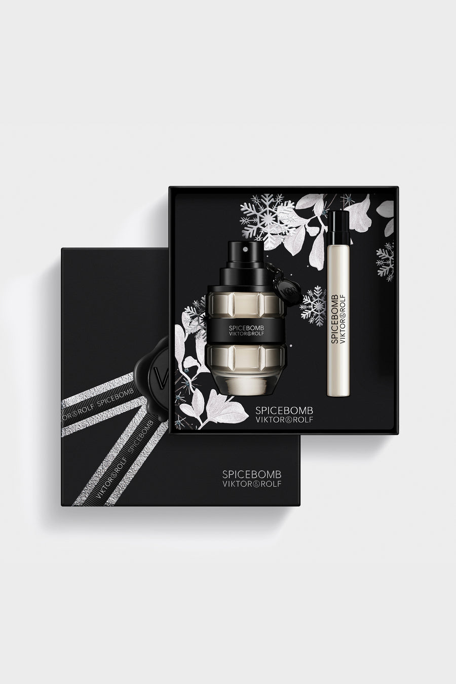 Spicebomb Eau de Toilette gift set for men by Viktor & Rolf, featuring grenade-shaped bottles with a bold black and silver design.