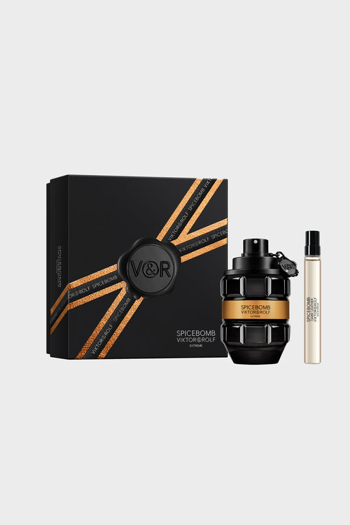Spicebomb Extreme Eau de Parfum gift set for men by Viktor & Rolf with grenade-shaped bottle and sleek black packaging.