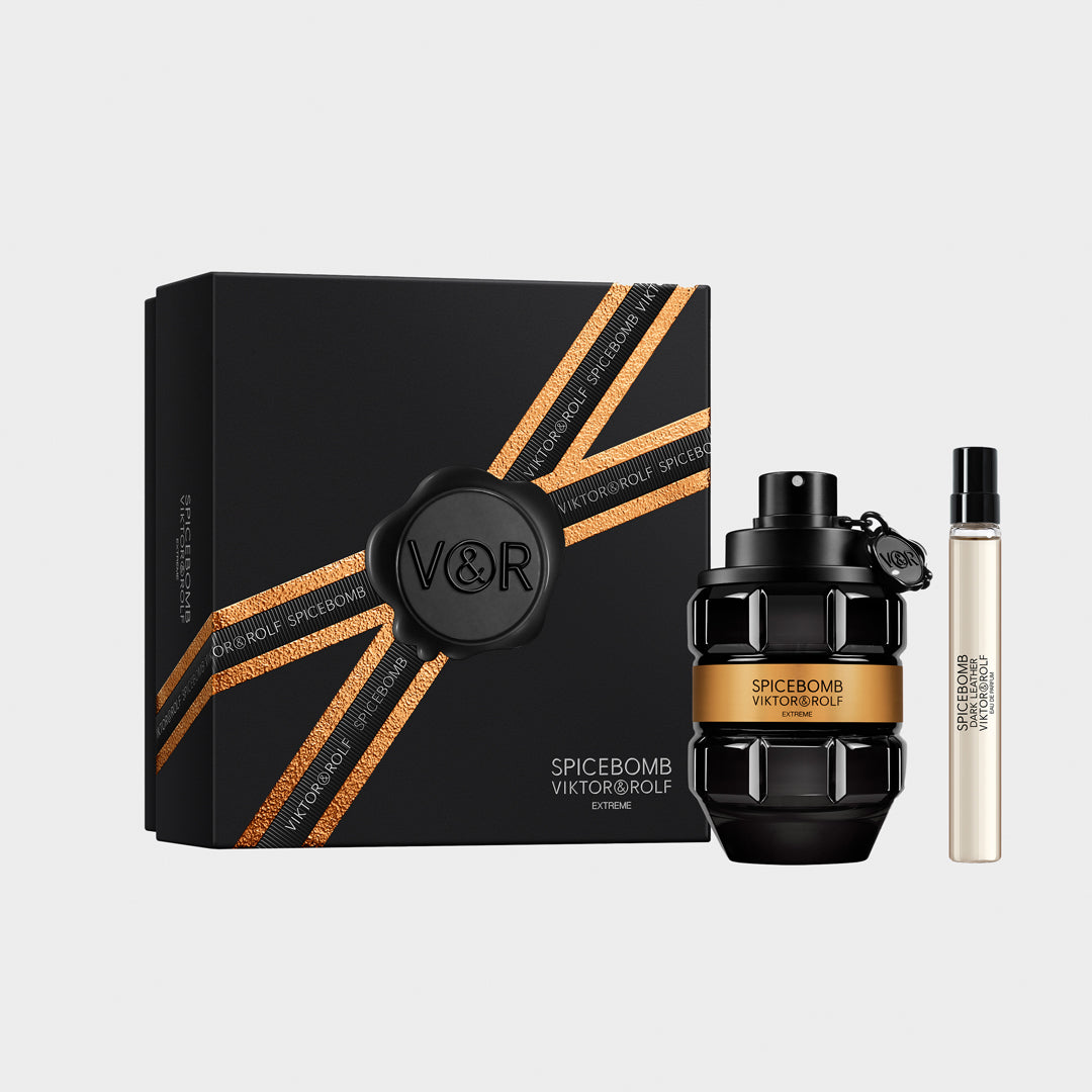 Spicebomb Extreme Eau de Parfum gift set for men by Viktor & Rolf with grenade-shaped bottle and sleek black packaging.