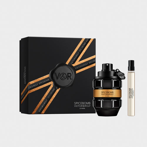 Spicebomb Extreme Eau de Parfum gift set for men by Viktor & Rolf with grenade-shaped bottle and sleek black packaging.