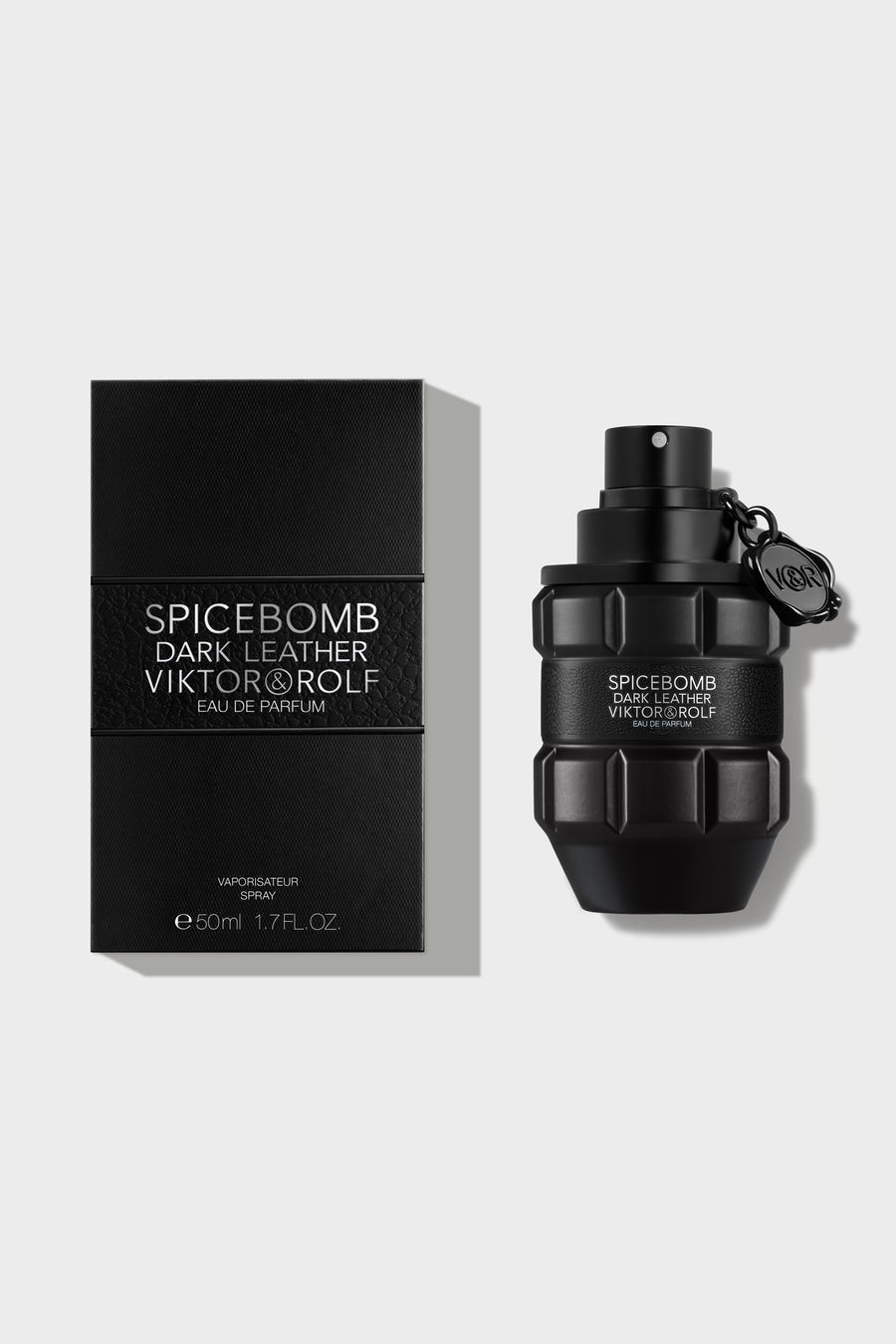 Bold, grenade-shaped bottle of Spicebomb Dark Leather Eau de Parfum by Viktor & Rolf, featuring a sleek black design.