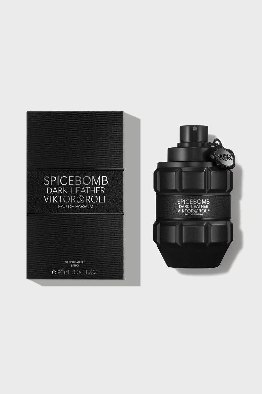 Bold, grenade-shaped bottle of Spicebomb Dark Leather Eau de Parfum by Viktor & Rolf, featuring a sleek black design.